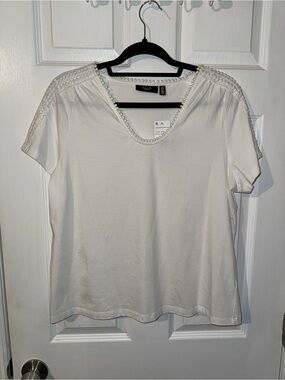 Plus size White Short Sleeve Scoop Neck Lace-Trim Top